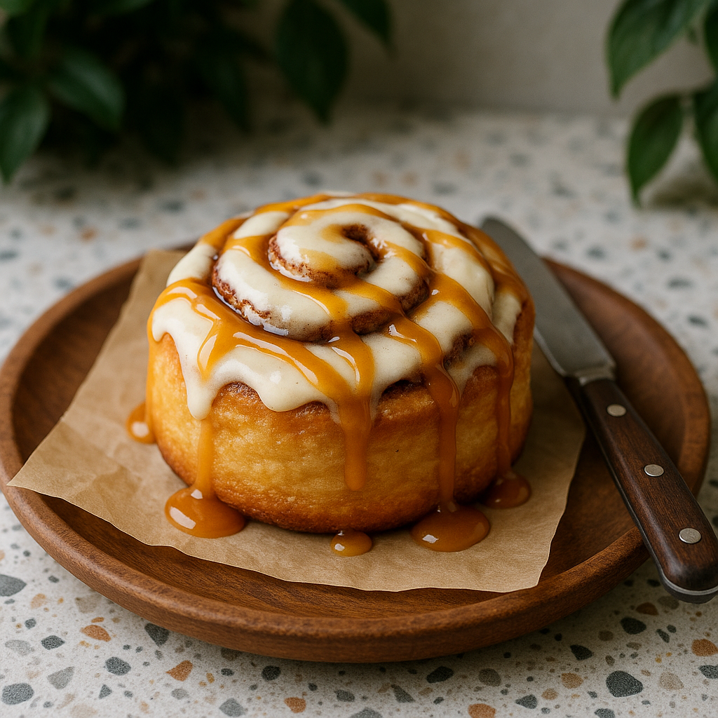 Cinnamon roll topped with white icing and caramel drizzle on a wooden plate