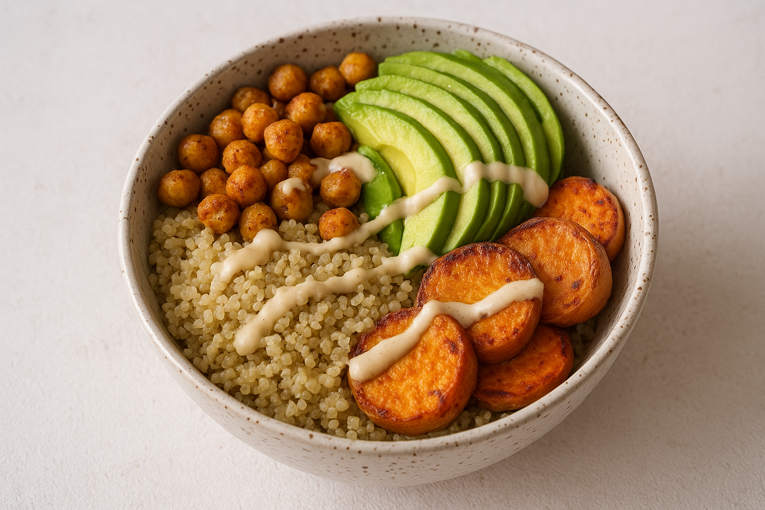 Grilled chicken and quinoa bowl with avocado, chickpeas, and roasted plantains