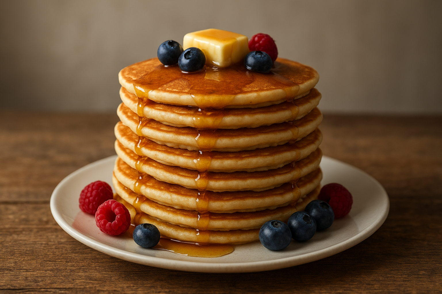 Stack of pancakes topped with fresh berries, butter, and maple syrup