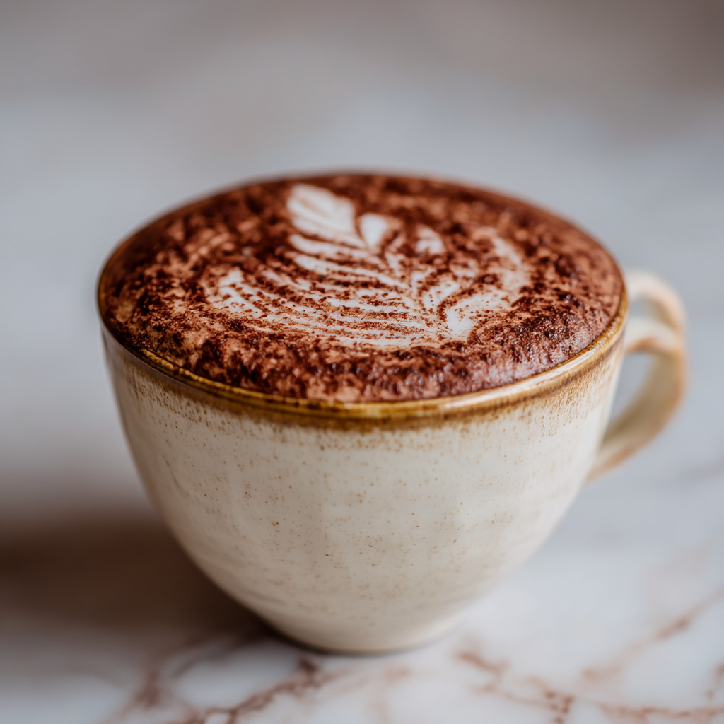Cappuccino with latte art in a speckled ceramic mug