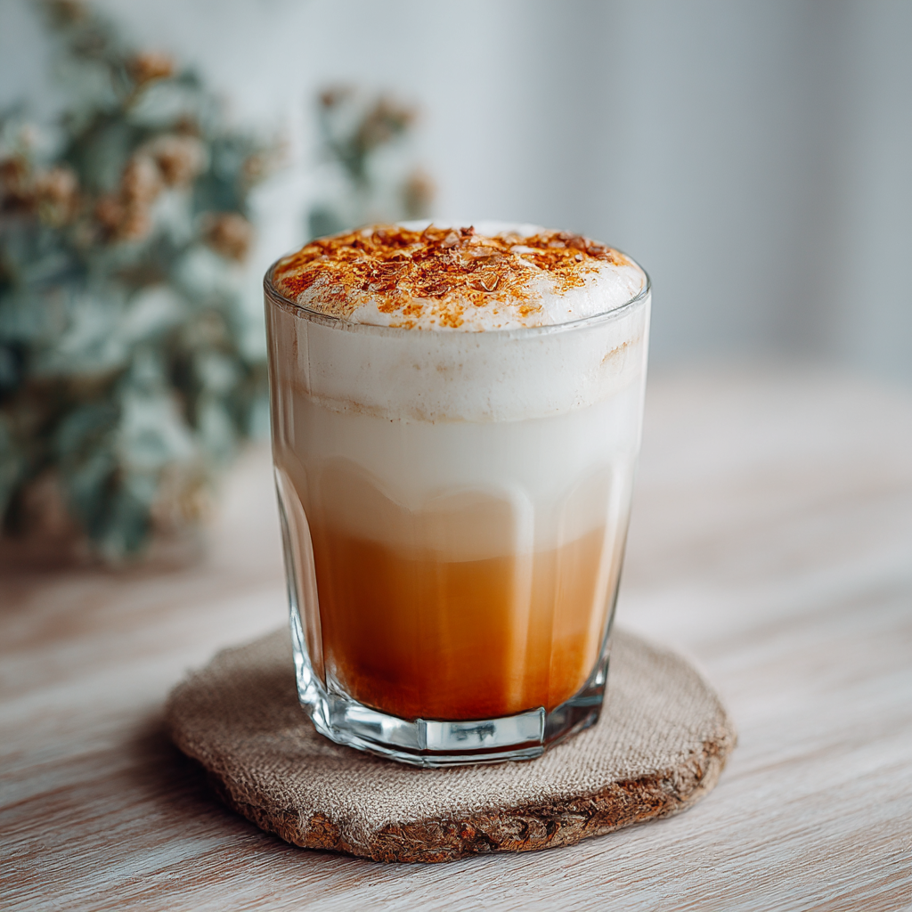 Layered latte macchiato in glass with cinnamon topping on wooden coaster